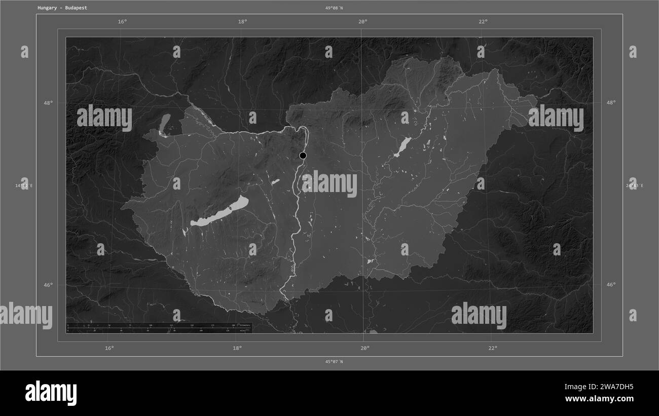 Hungary highlighted on a Grayscale elevation map with lakes and rivers map with the country's