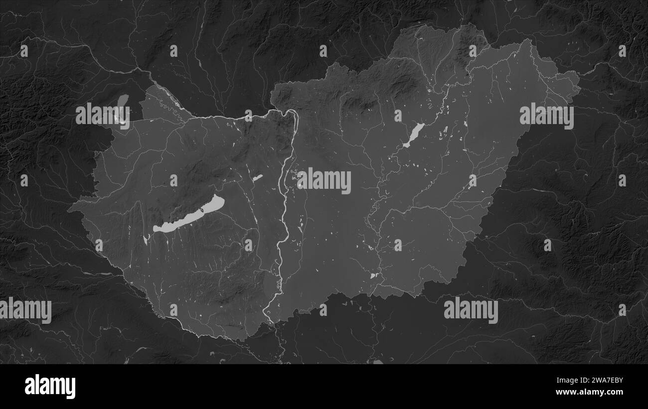 Hungary highlighted on a Grayscale elevation map with lakes and rivers ...