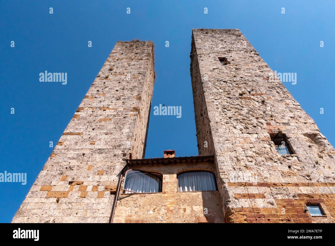 View of the Salvucci towers in San Gimignano, Italy Stock Photo