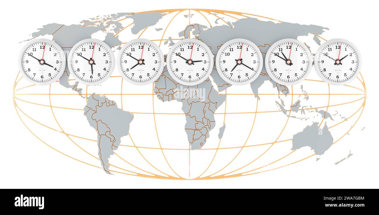 World Time zone concept, Timezone wall clocks. 3D rendering isolated on