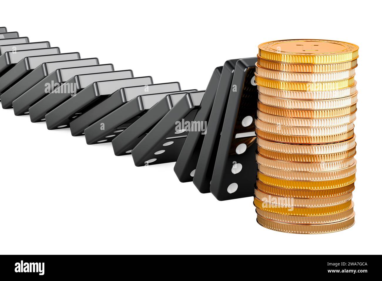 Stack of golden coins stopped effect domino, 3D rendering isolated on ...
