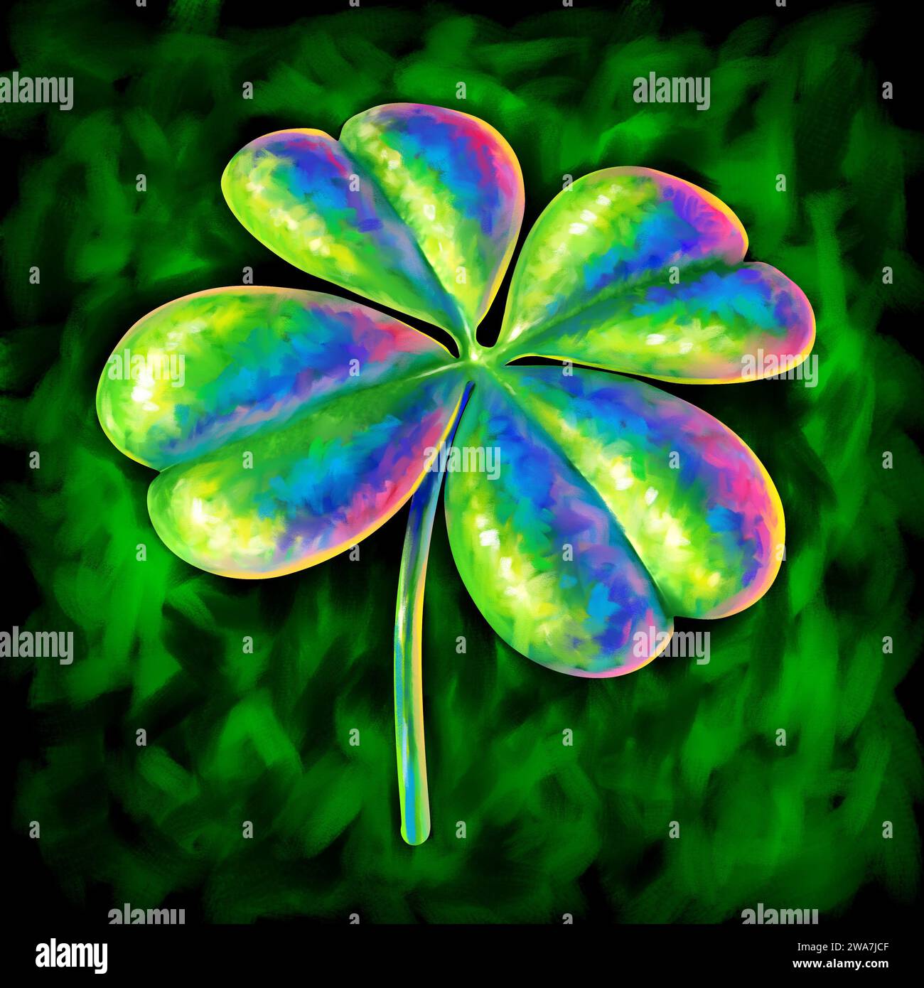 Four leaf clover painted style as an Irish symbol for a green lucky charm icon of good luck and fortune as an opportunity for success and a successful Stock Photo