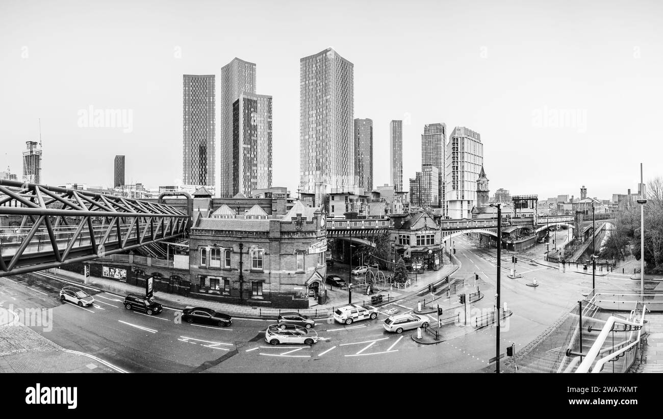 A multi image panorama of Deansgate and The Residences skyscraper