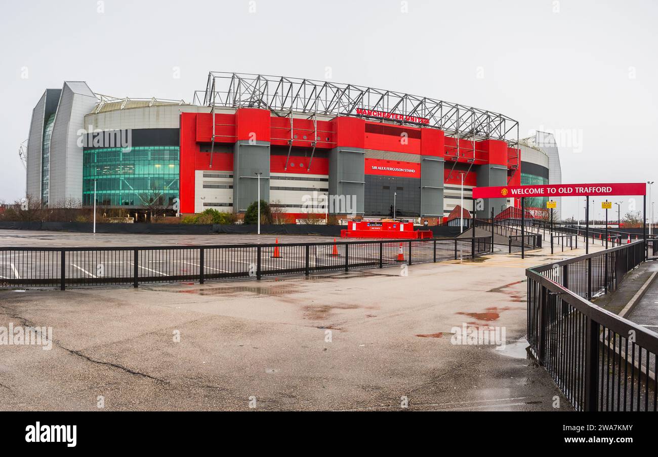 A multi image panorama leading up to Old Trafford stadium, home of Manchester United Football Club pictured in the rain on 2 January 2024. Stock Photo