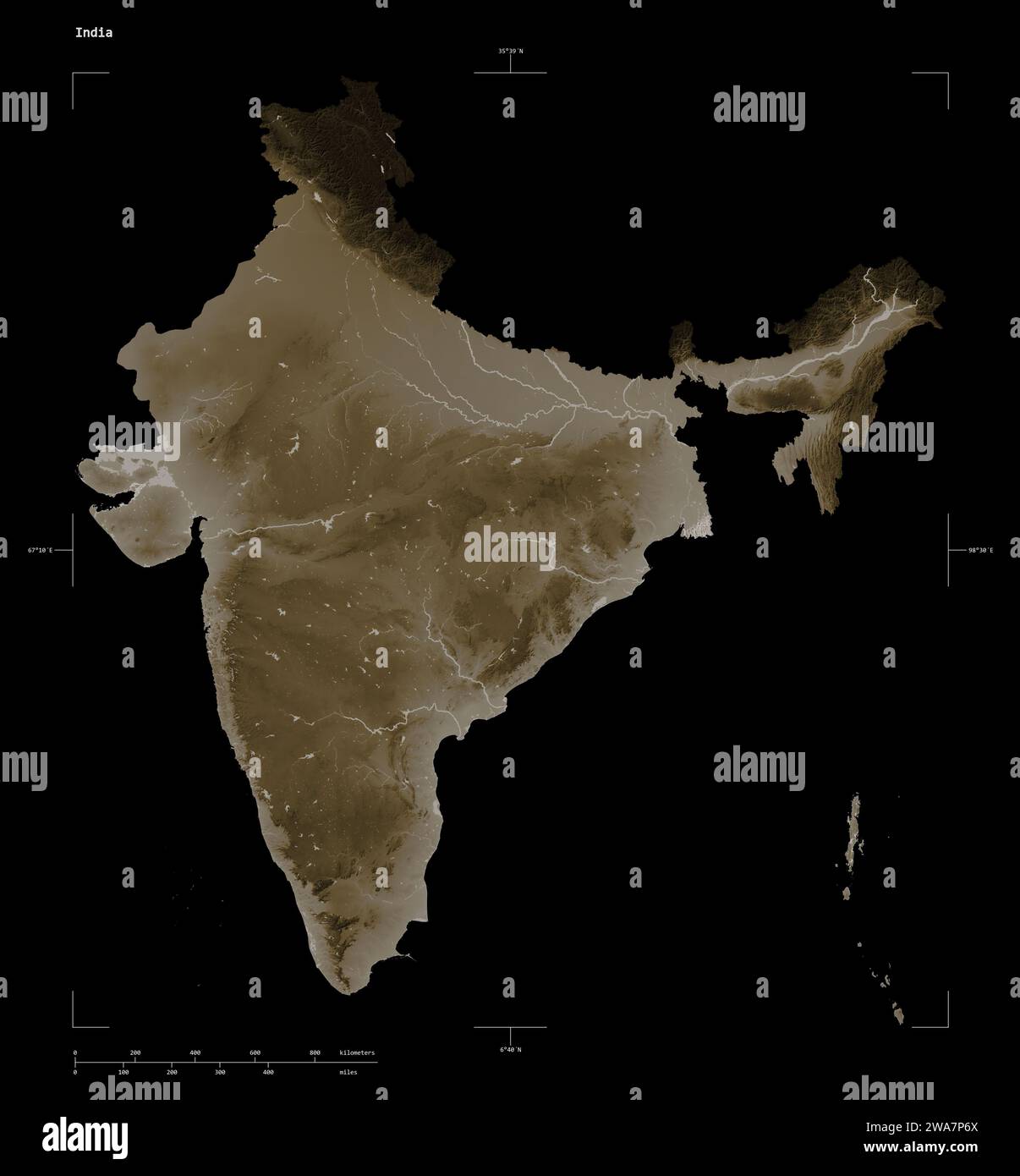 Shape of a elevation map colored in sepia tones with lakes and rivers of the India, with distance scale and map border coordinates, isolated on black Stock Photo
