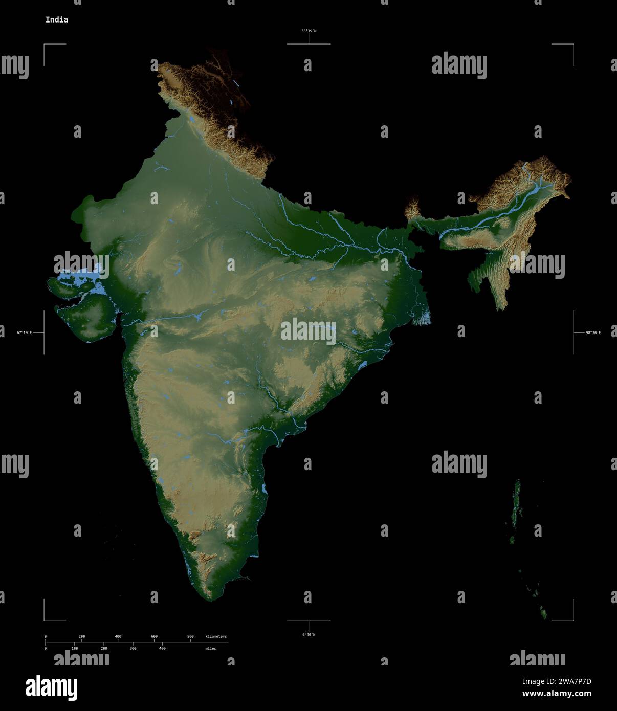 Shape of a Colored elevation map with lakes and rivers of the India, with distance scale and map border coordinates, isolated on black Stock Photo