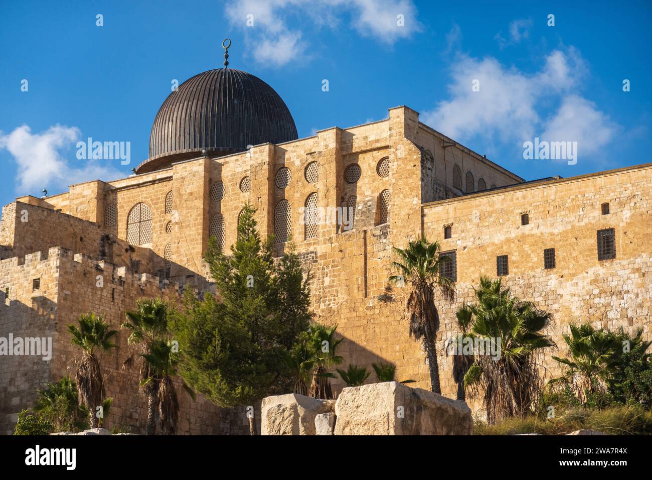 Al-Aqsa Mosque seen from the Western Wall under blue sky, Jerusalem, Israel Stock Photo