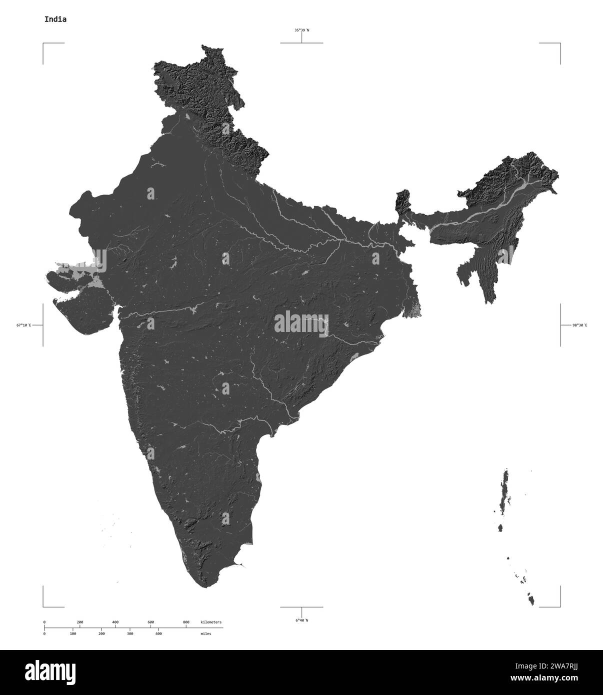 Shape of a Bilevel elevation map with lakes and rivers of the India, with distance scale and map border coordinates, isolated on white Stock Photo