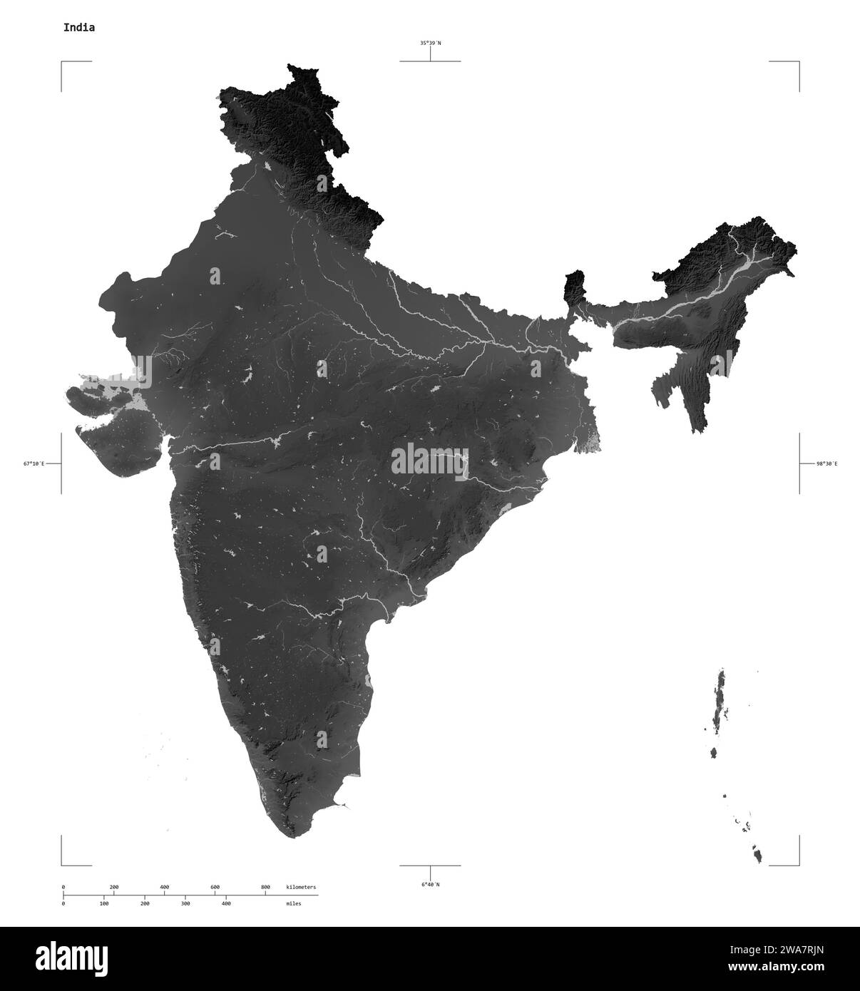 Shape of a Grayscale elevation map with lakes and rivers of the India, with distance scale and map border coordinates, isolated on white Stock Photo