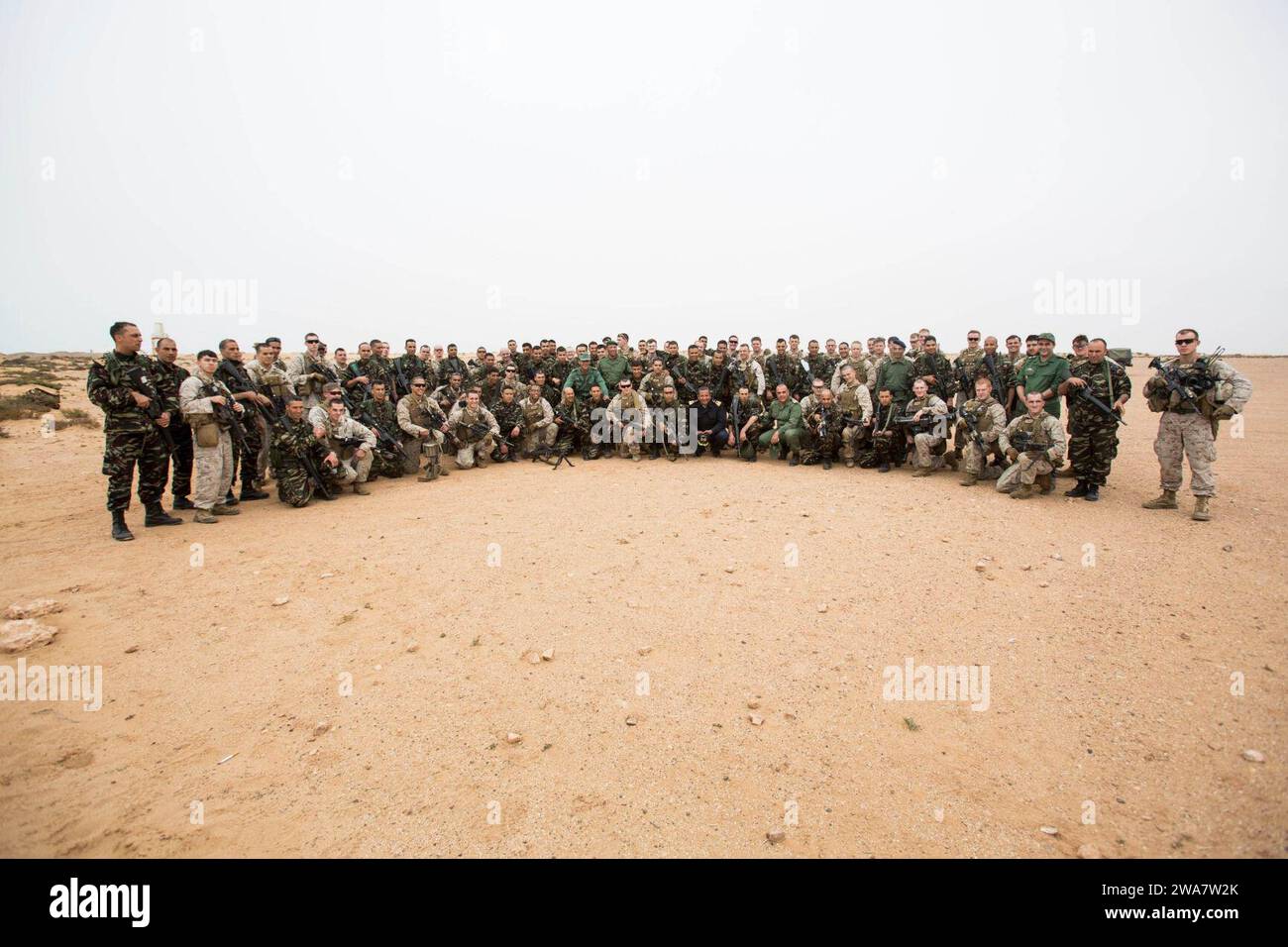 US military forces. 160712AF202-175 MOROCCO (July 12, 2016) U.S. Marines assigned to Battalion Landing Team, 1st Battalion, 6th Marine Regiment, 22nd Marine Expeditionary Unit (MEU), and Moroccan forces participate in exercise African Sea Lion July 12, 2016. 22nd MEU, deployed with the Wasp Amphibious Ready Group, is conducting naval operations in the 6th Fleet area of operations in support of U.S. national security interests in Europe and Africa. (U.S. Marine Corps photo by Lance Cpl. Koby I. Saunders/Released) Stock Photo