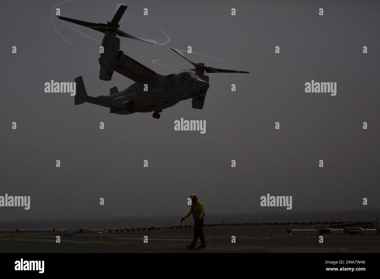 US military forces. An MV-22B Osprey with Marine Medium Tiltrotor Squadron 264 (Reinforced), 22nd Marine Expeditionary Unit (MEU), takes off from the flight deck of the amphibious assault ship USS Wasp (LHD-1) on July 12, 2016. The 22nd MEU, Deployed with the Wasp Amphibious Ready Group, is conducting naval operations in support of U.S. national security interests in Europe. (U.S. Marine Corps photo by Cpl. John A. Hamilton Jr./ Released) Stock Photo