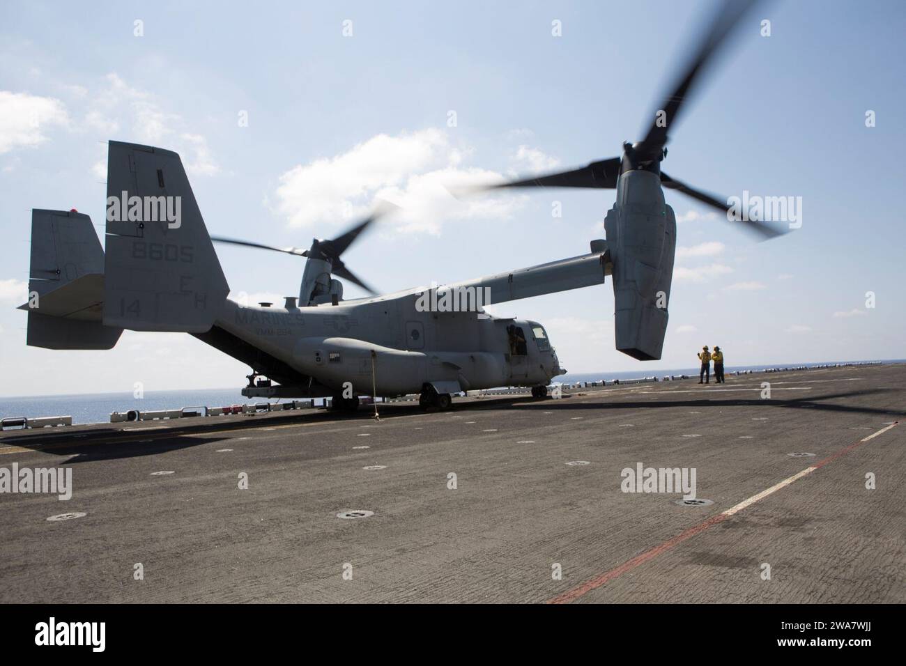 US military forces. 160728MK246-006 MEDITERRANEAN SEA (July 28, 2016) An MV-22B Osprey with Marine Medium Tiltrotor Squadron 264 (Reinforced), 22nd Marine Expeditionary Unit (MEU), sits on the flight deck of the amphibious assault ship USS Wasp (LHD 1) on July 28, 2016. The 22nd MEU, deployed with the Wasp Amphibious Ready Group, is conducting naval operations in support of U.S. national security interests in Europe. (U.S. Marine Corps photo by Cpl. John A. Hamilton, Jr./Released) Stock Photo