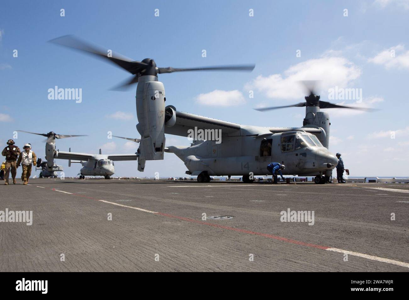 US military forces. 160728MK246-010 MEDITERRANEAN SEA (July 28, 2016) An MV-22B Osprey with Marine Medium Tiltrotor Squadron 264 (Reinforced), 22nd Marine Expeditionary Unit (MEU), sits on the flight deck of the amphibious assault ship USS Wasp (LHD 1) on July 28, 2016. The 22nd MEU, deployed with the Wasp Amphibious Ready Group, is conducting naval operations in support of U.S. national security interests in Europe. (U.S. Marine Corps photo by Cpl. John A. Hamilton, Jr./Released) Stock Photo