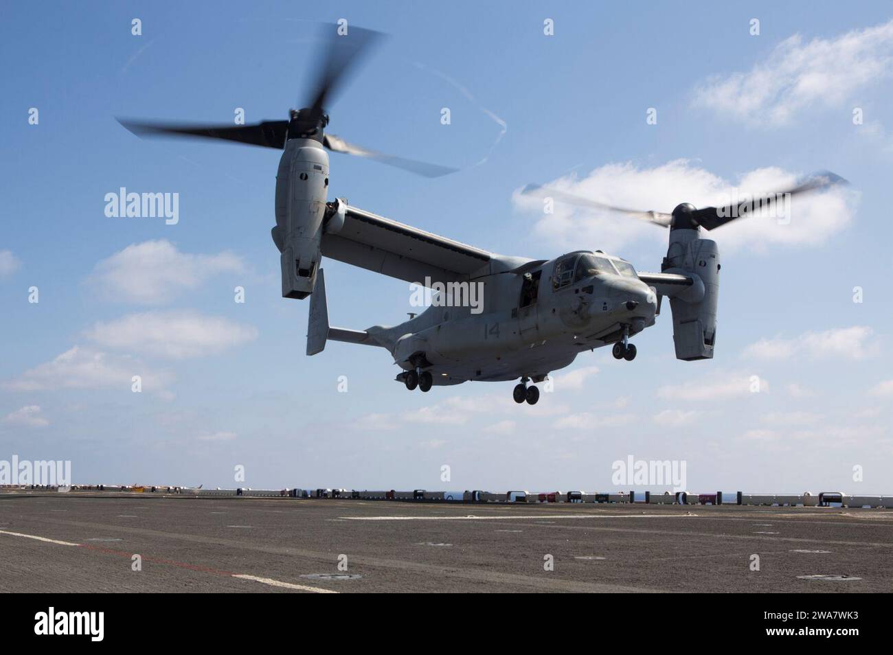 US military forces. 160728MK246-024 MEDITERRANEAN SEA (July 28, 2016) An MV-22B Osprey with Marine Medium Tiltrotor Squadron 264 (Reinforced), 22nd Marine Expeditionary Unit (MEU), lands on the flight deck of the amphibious assault ship USS Wasp (LHD 1) on July 28, 2016. The 22nd MEU, deployed with the Wasp Amphibious Ready Group, is conducting naval operations in support of U.S. national security interests in Europe. (U.S. Marine Corps photo by Cpl. John A. Hamilton, Jr./Released) Stock Photo