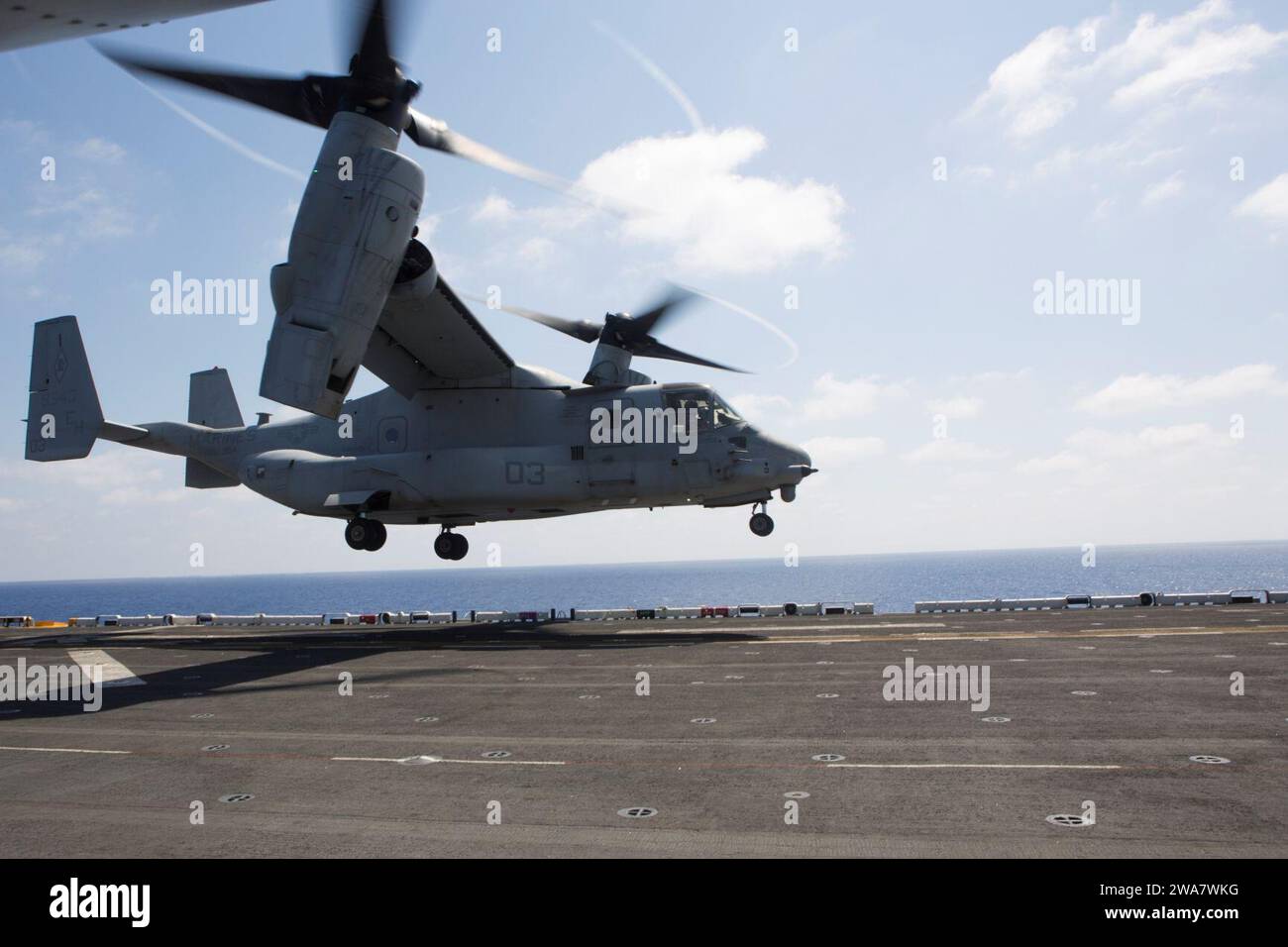 US military forces. 160728MK246-021 MEDITERRANEAN SEA (July 28, 2016) An MV-22B Osprey with Marine Medium Tiltrotor Squadron 264 (Reinforced), 22nd Marine Expeditionary Unit (MEU), takes off from the flight deck of the amphibious assault ship USS Wasp (LHD 1) on July 28, 2016. The 22nd MEU, deployed with the Wasp Amphibious Ready Group, is conducting naval operations in support of U.S. national security interests in Europe. (U.S. Marine Corps photo by Cpl. John A. Hamilton, Jr./Released) Stock Photo