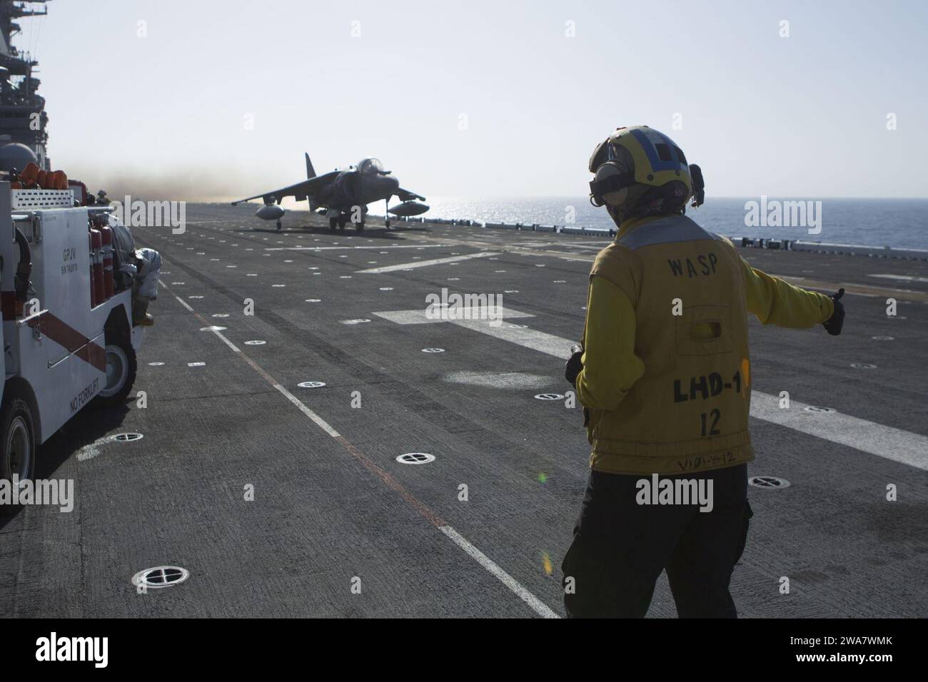 US military forces. An AV-8B Harrier II with Marine Medium Tiltrotor Squadron 264 (Reinforced), 22nd Marine Expeditionary Unit (MEU), takes off of the flight deck from the amphibious assault ship USS Wasp (LHD-1) on July 18, 2016. The 22nd Marine Expeditionary Unit, Deployed with the Wasp Amphibious Ready Group, is conducting naval operations in support of U.S. national security interests in Europe. (U.S. Marine Corps photo by Cpl. John A. Hamilton Jr.) Stock Photo