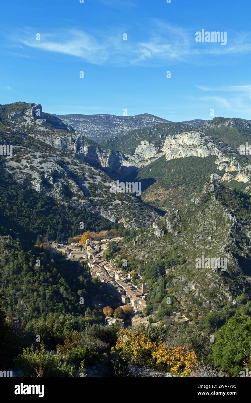 The village of Saint-Guilhem-le-Desert seen from the Belvedere de Puechabon. One of the most beautiful villages in France. Occitanie, France Stock Photo