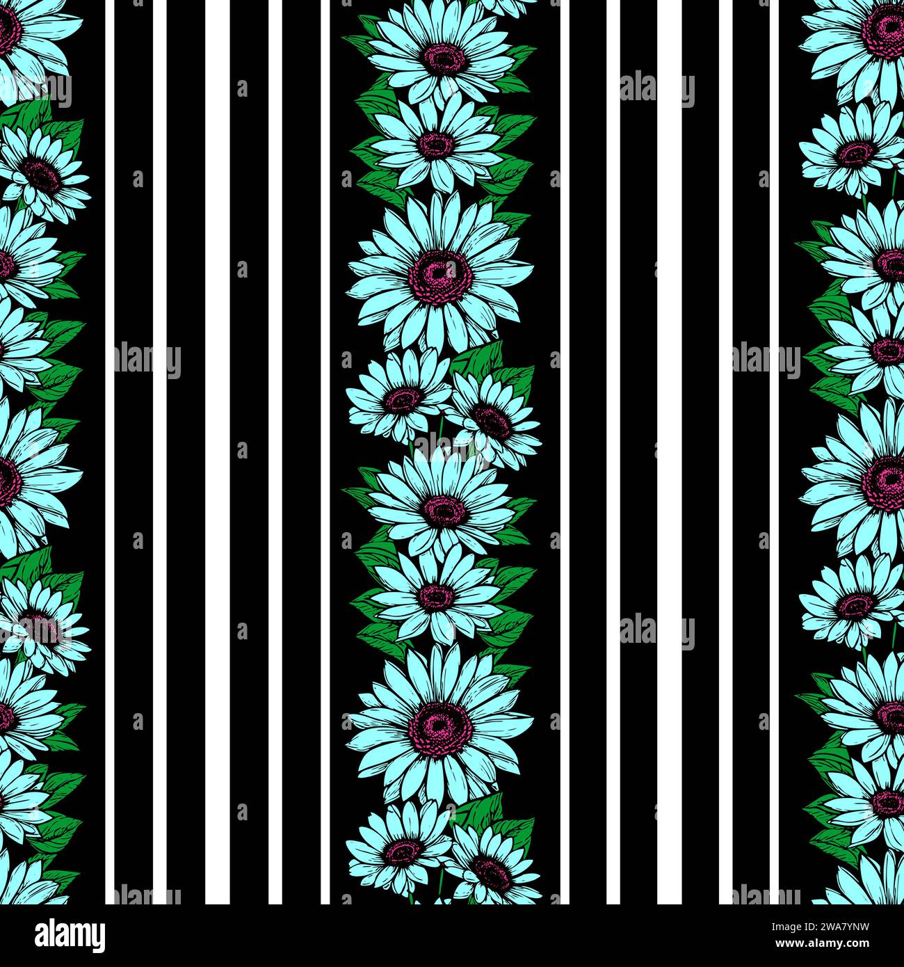 seamless vertical pattern of stripes and blue flowers, texture ...