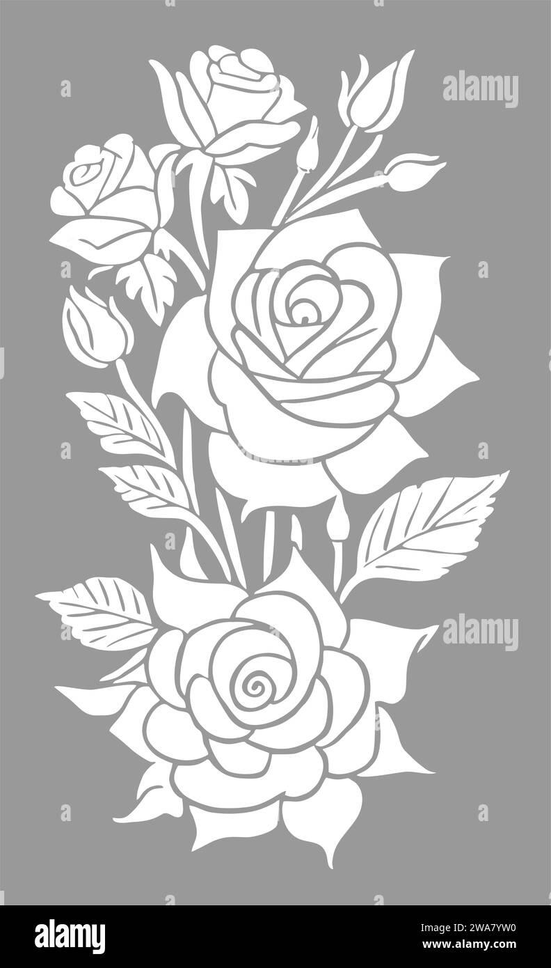 white graphic linear drawing of rose flower on gray background, design Stock Photo