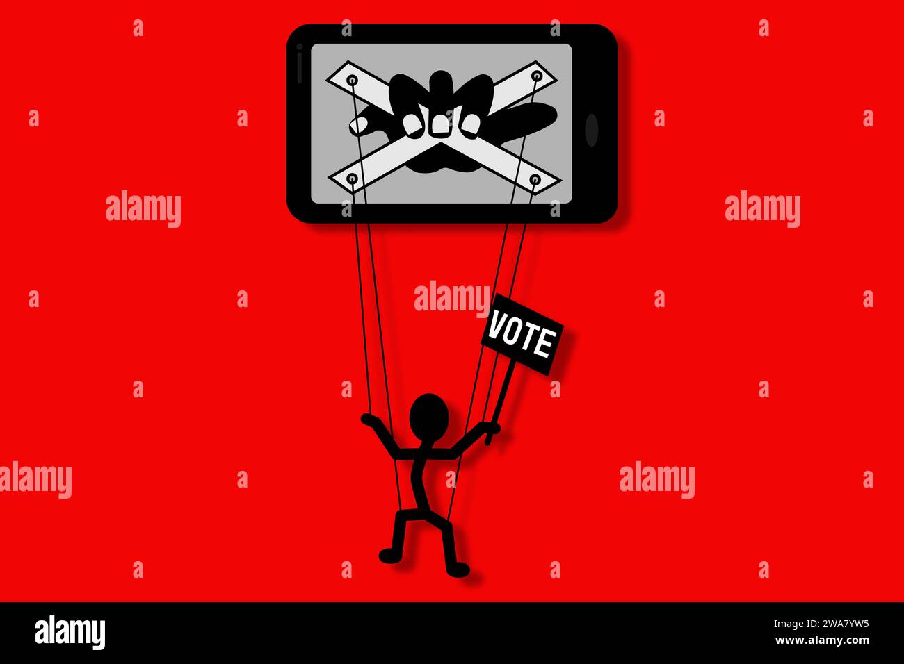 puppet on strings being manipulated by a hand on a smart phone, social media influence on voting election concept illustration Stock Photo