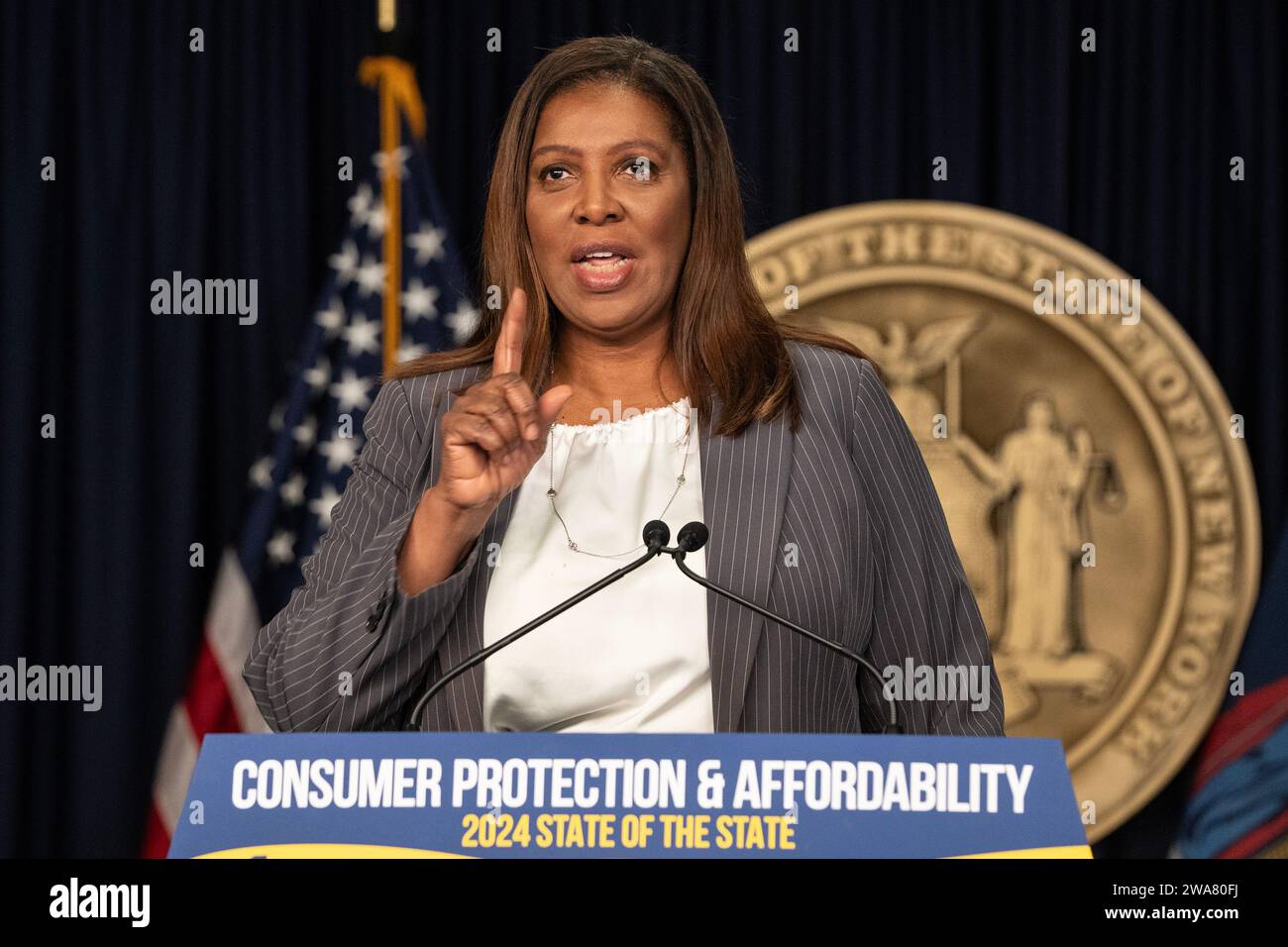 New York, USA. 02nd Jan, 2024. Attorney General Letitia James speaks as ...