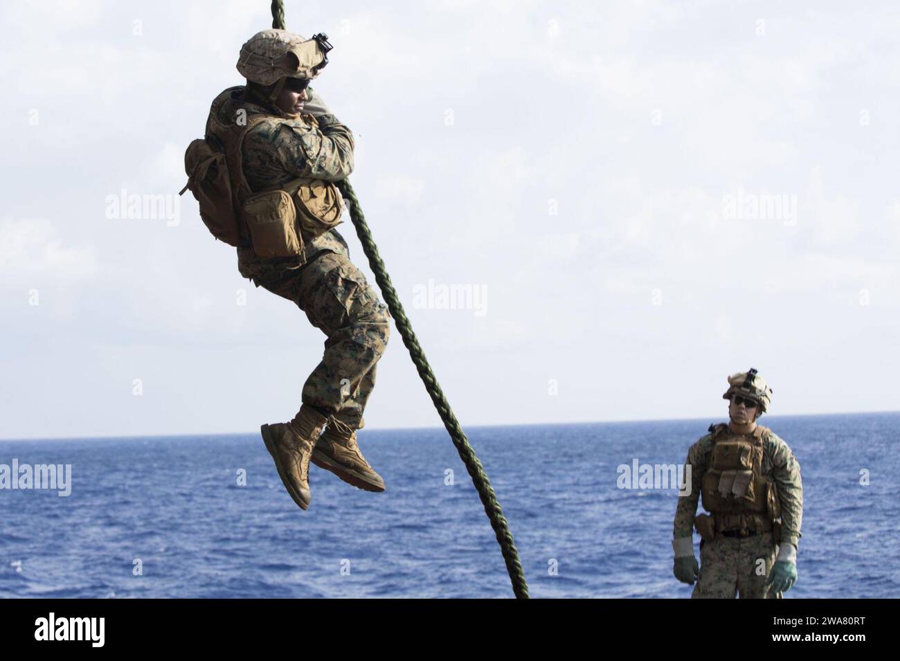 US military forces. 160903MK246-003 MEDITERRANEAN SEA (Sept. 3, 2016) Marines assigned to Alpha Company, Battalion Landing Team, 1st Battalion, 6th Marine Regiment, 22nd Marine Expeditionary Unit (MEU), conduct fast rope training aboard the amphibious assault ship USS Wasp (LHD 1) Sept. 3, 2016. The 22nd MEU, deployed with the Wasp Amphibious Ready Group, is conducting naval operations in the U.S. 6th Fleet area of operations in support of U.S. national security interests in Europe and Africa. (U.S. Marine Corps photo by Cpl. John A. Hamilton Jr.) Stock Photo