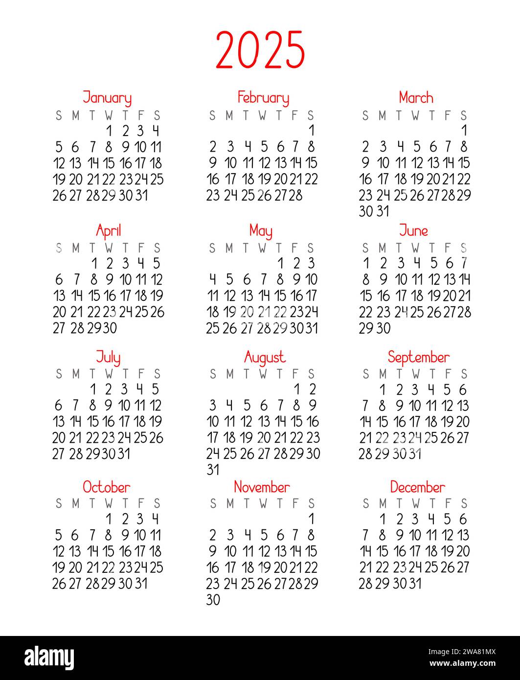 Calendar template for the year 2025 in simple minimalist style, week starts on Sunday, vector