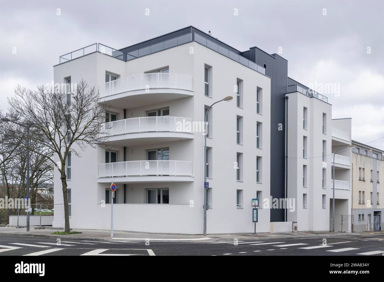 Nancy, France Focus on a modern white and dark grey residential real