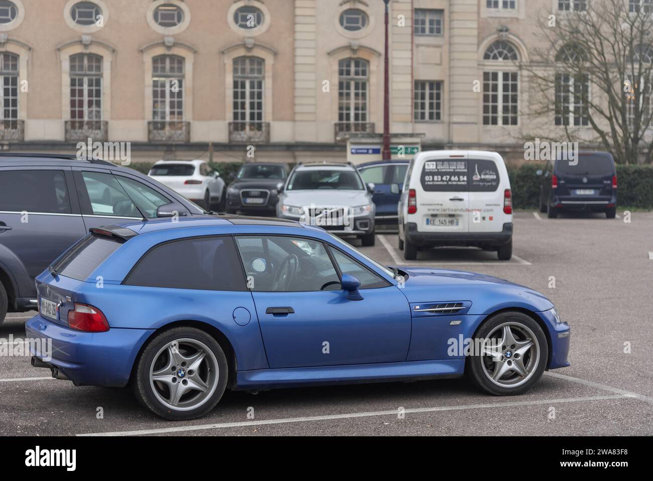 Nancy, France - Blue BMW Z3 M Coupé parked in a parking lot. Stock Photo