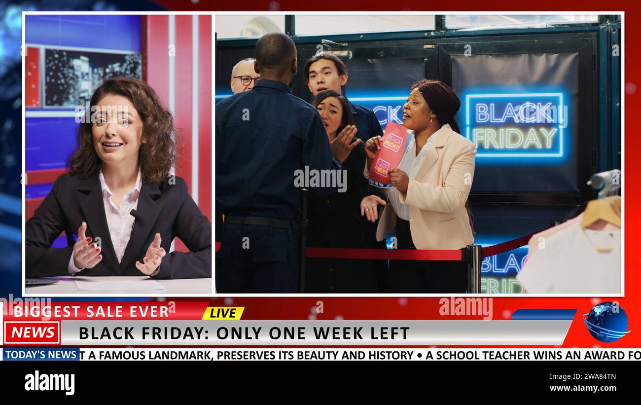 Journalist shows black friday footage to discuss about shopping madness