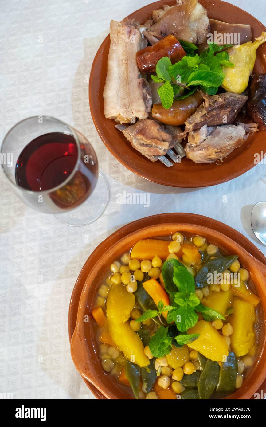 Authentic Portuguese cozido: a hearty stew with meats, vegetables, and spices, embodying the flavors of Portugal. Stock Photo