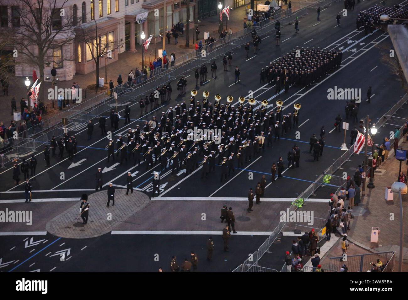 US military forces. WASHINGTON (Jan. 20, 2017) The U.S. Navy Band marches down Pennsylvania Avenue during the 58th Presidential Inaugural Parade in Washington, D.C. More than 5,000 military members from across all branches of the armed forces of the United States, including Reserve and National Guard components, provided ceremonial support and Defense Support of Civil Authorities during the inaugural period.  (U.S. Army photo by Sgt. Michael Christensen/Released) Stock Photo