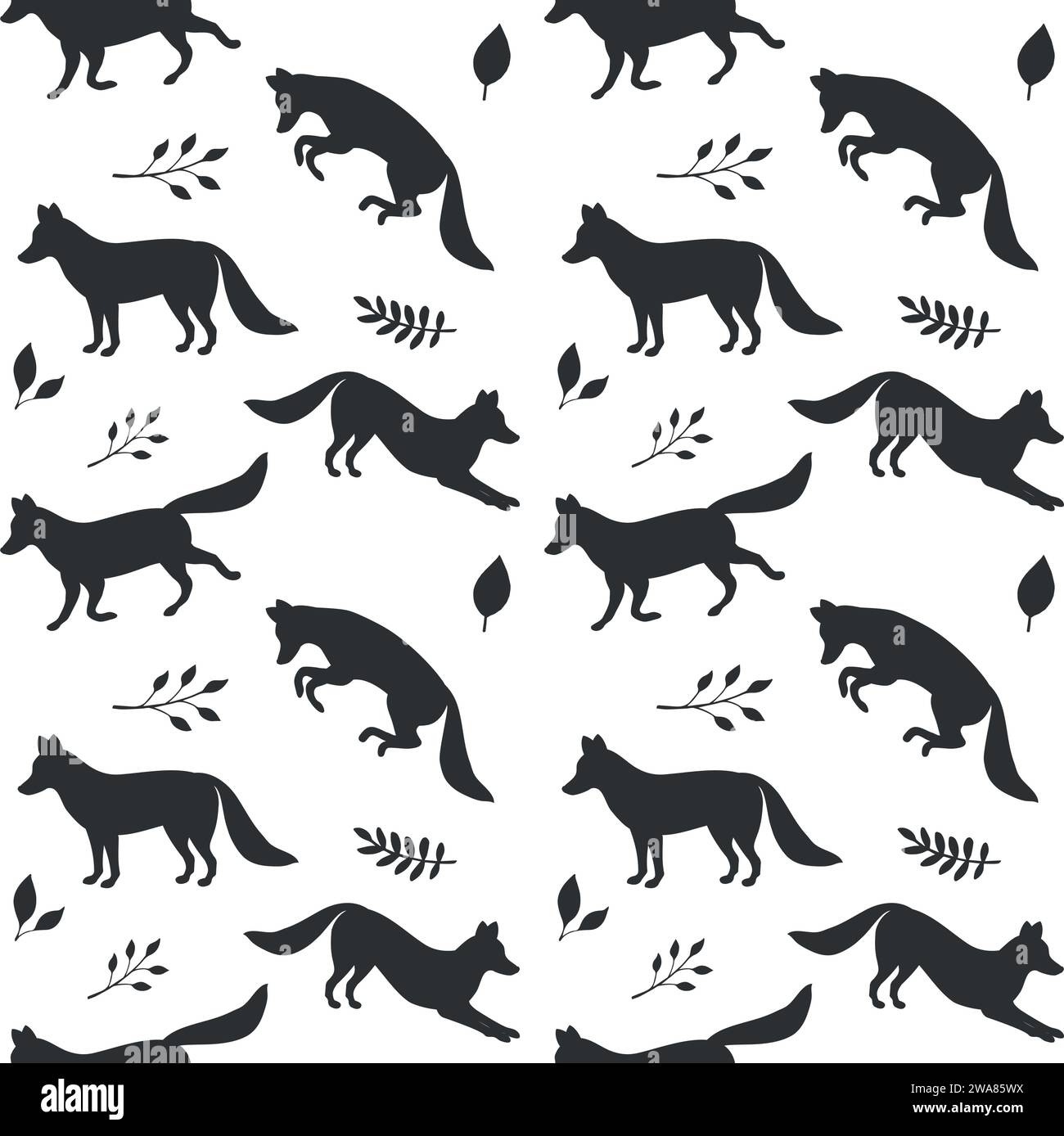 Vector seamless pattern of flat hand drawn fox silhouette isolated on ...