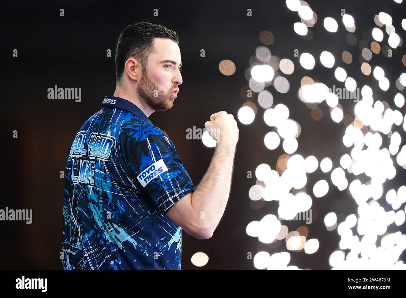 Luke Humphries celebrates victory over Scott Williams (not pictured) on