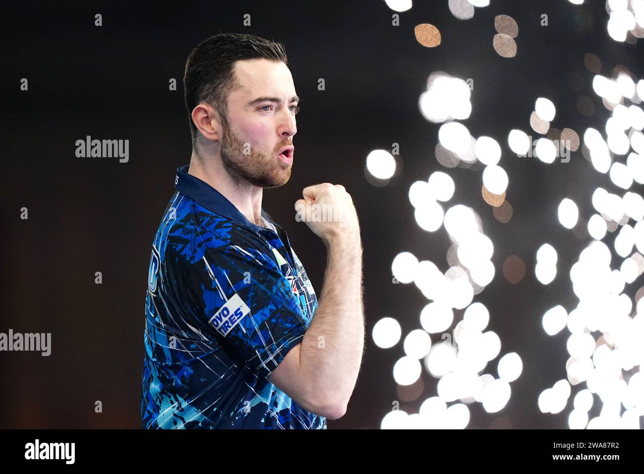 Luke Humphries celebrates victory over Scott Williams (not pictured) on