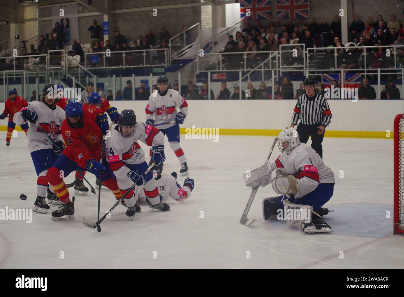 Dumfries, 15 December 2023. Great Britain defending against Spain in a 2024 IIHF Ice Hockey U20