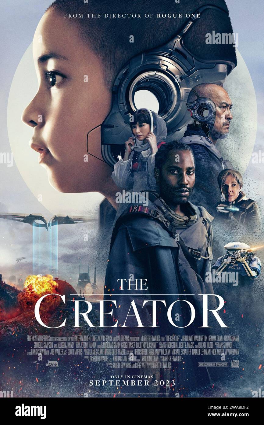 The Creator (2023) directed by Gareth Edwards and starring John David Washington, Madeleine Yuna Voyles and Gemma Chan. Against the backdrop of a war between humans and robots with artificial intelligence, a former soldier finds the secret weapon, a robot in the form of a young child. US one sheet poster ***EDITORIAL USE ONLY***. Credit: BFA / Twentieth Century Studios Stock Photo