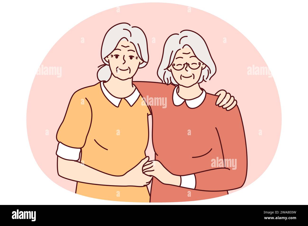 Portrait of smiling elderly female friends hugging showing long lasting friendship. Happy senior grandmothers embrace show unity and care. Vector illustration. Stock Vector