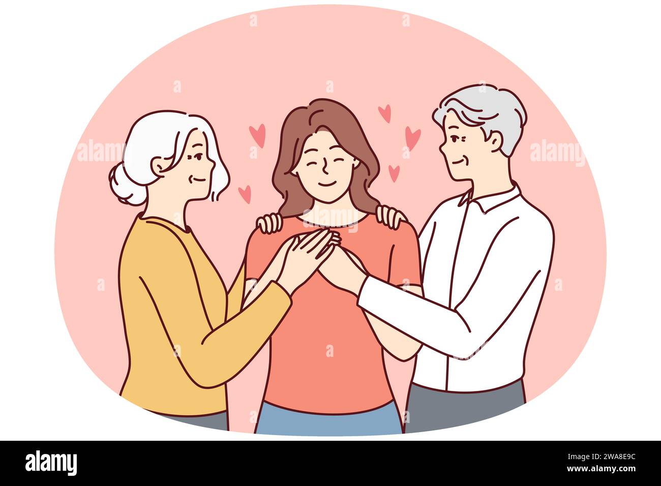Happy elderly couple hugging grownup girl child showing love and care. Smiling old parents embrace cuddle adult woman. Family reunion. Vector illustration. Stock Vector