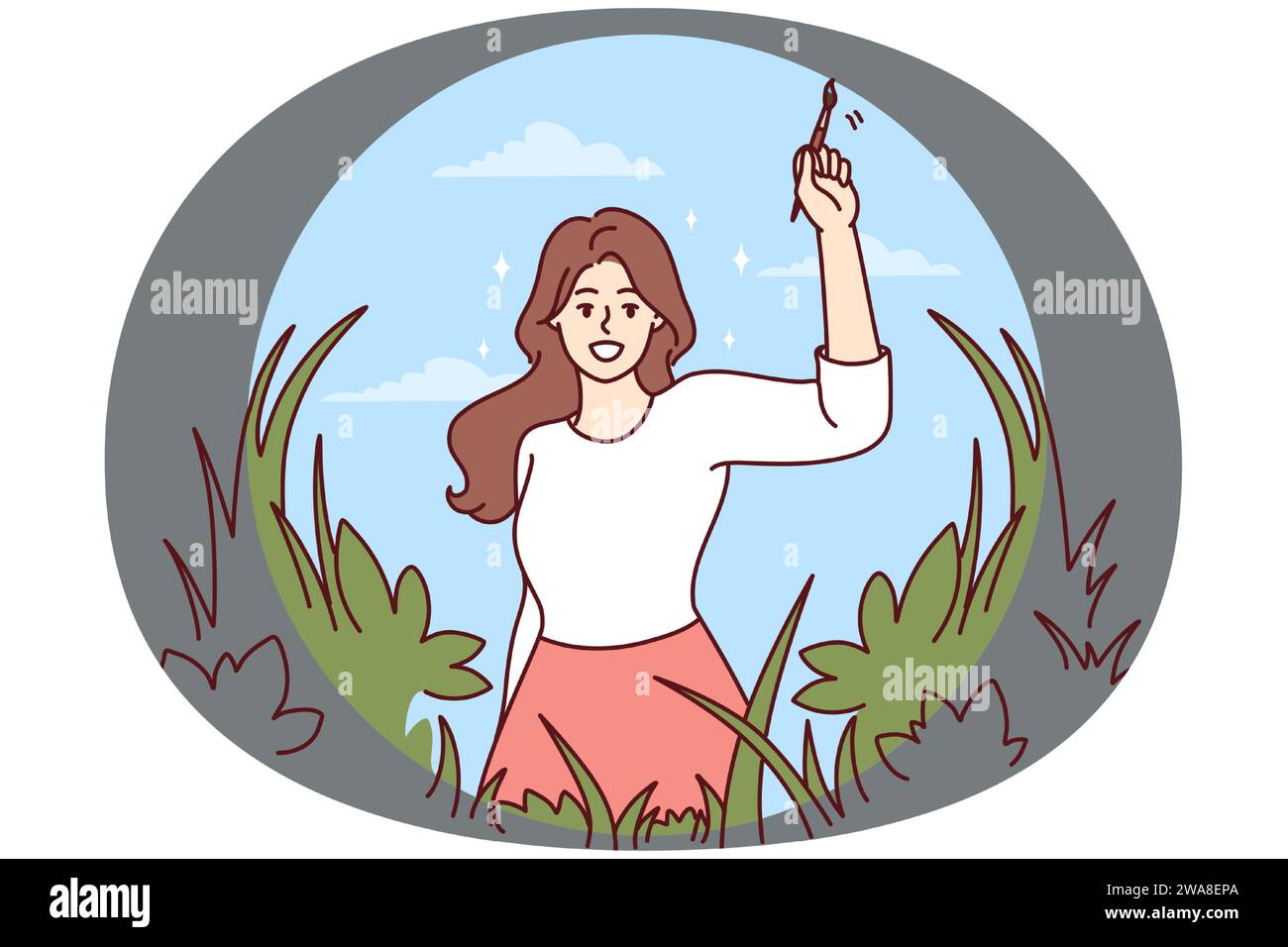 Smiling young woman painting beautiful nature recover from mental illness. Happy girl draw bright environment feeling optimistic and positive. Vector illustration. Stock Vector