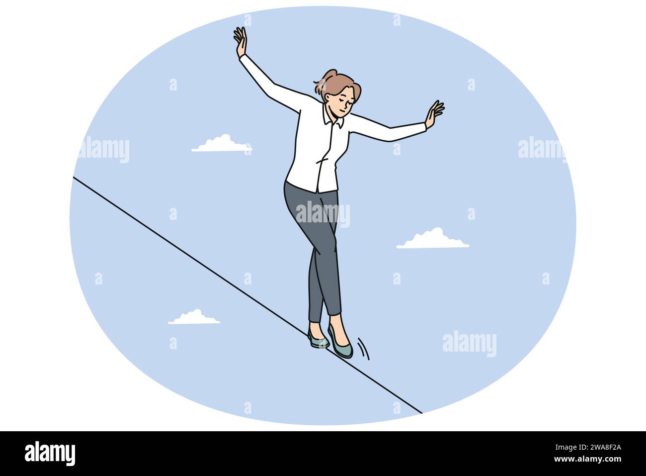 Young businesswoman walking on rope balancing in daily tasks at workplace. Female employee on tightrope show courage and risk at work. Vector illustration. Stock Vector