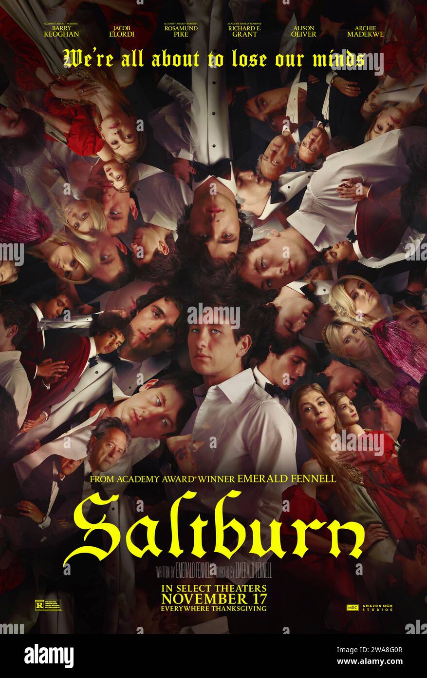 Saltburn (2023) directed by Emerald Fennell and starring Barry Keoghan, Jacob Elordi and Rosamund Pike. A student at Oxford University finds himself drawn into the world of a charming and aristocratic classmate, who invites him to his eccentric family's sprawling estate for a summer never to be forgotten. US one sheet poster ***EDITORIAL USE ONLY***. Credit: BFA / Amazon MGM Studios Stock Photo