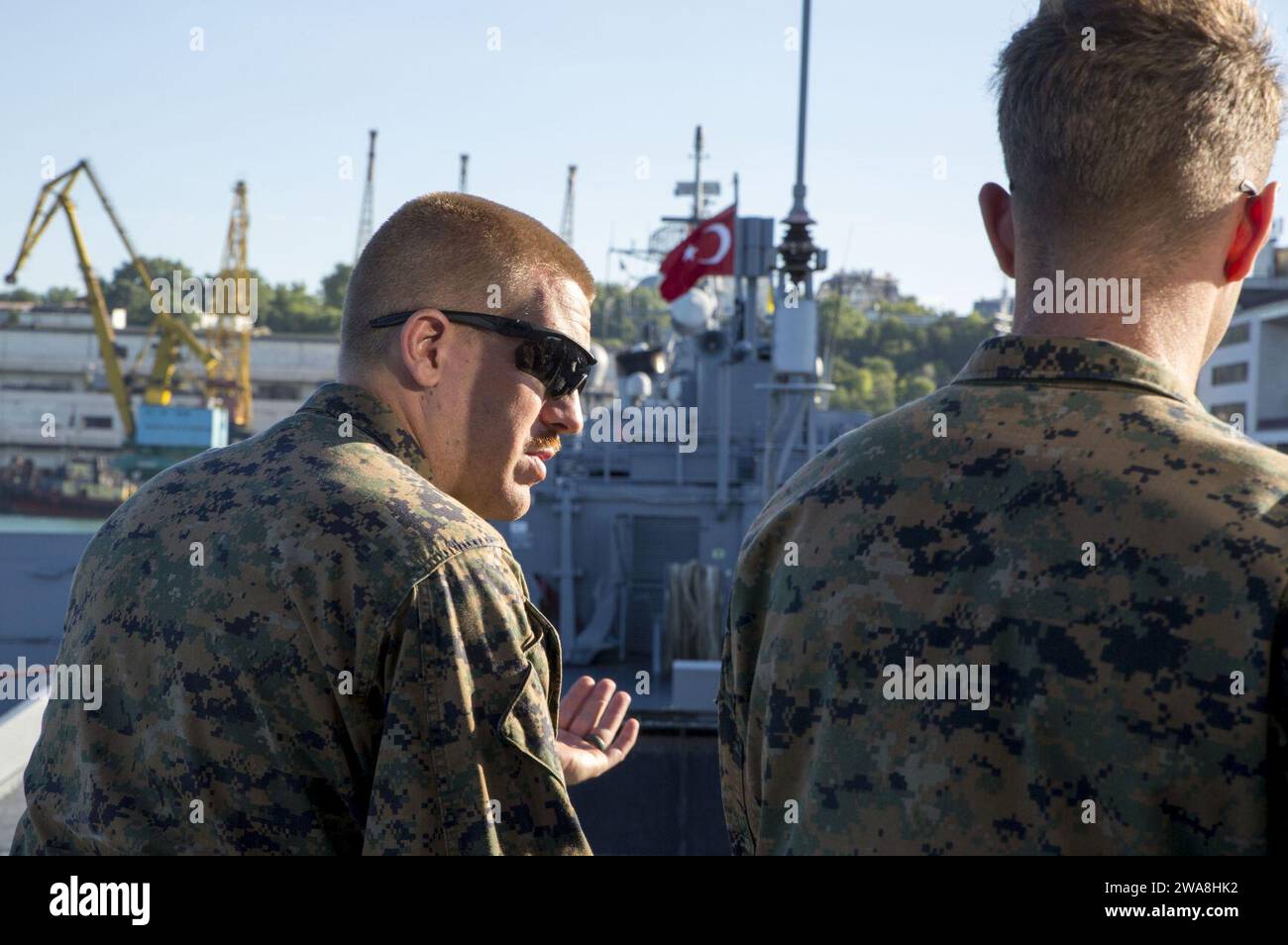 US military forces. 170714QX735-0008 ODESSA, Ukraine (July 14, 2017) - U.S. Marines with 3rd Battalion, 23rd Marine Regiment, discusses amphibious operations plans aboard Turkish ship TCG Karamursel (NL-124), July 14, in Odessa, Ukraine, during exercise Sea Breeze 2017.  Sea Breeze is a U.S. and Ukraine co-hosted multi-national air, land and maritime exercise designated to strengthen the collective security, stability, and safety in the Black Sea. (U.S. Marine Corps photo by Staff Sgt. Marcin Platek/Released) Stock Photo