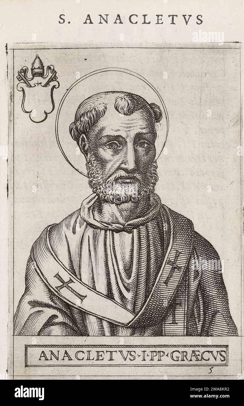 Pope Anacletus who was also known as Pope Cletus and Pope Anencletus. He was the first Greek pope. He was the third pope and was in office from AD76 to AD88. Stock Photo