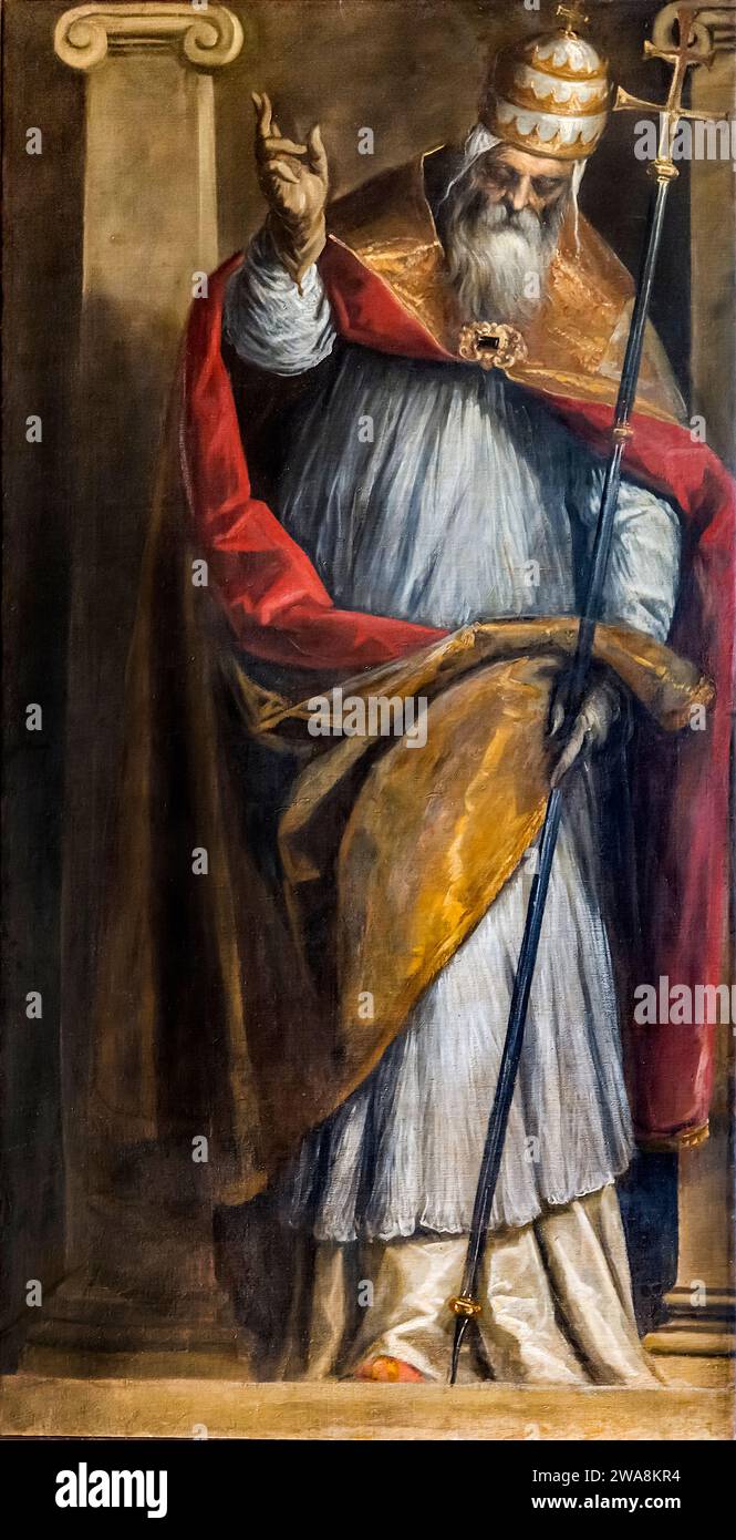 Pope Anacletus who was also known as Pope Cletus and Pope Anencletus. He was the first Greek pope. He was the third pope and was in office from AD76 to AD88. Painting by Palma il Giovane. Stock Photo