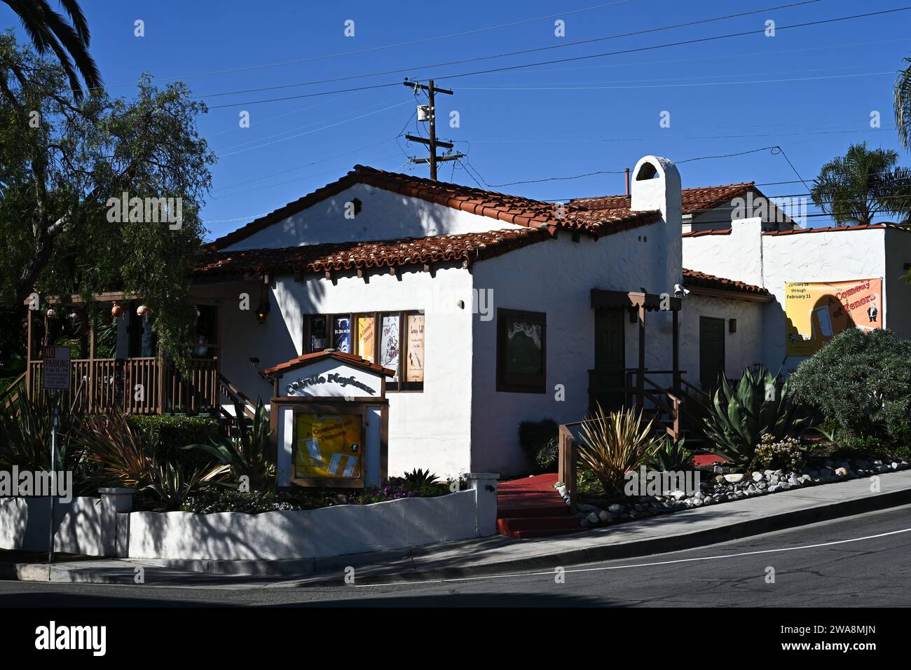 SAN CLEMENTE, CALIFORNIA - 1 JAN 2024: The Cabrillo Playhouse, a small community theater featuring plays, variety shows, concerts and more in a cozy s Stock Photo