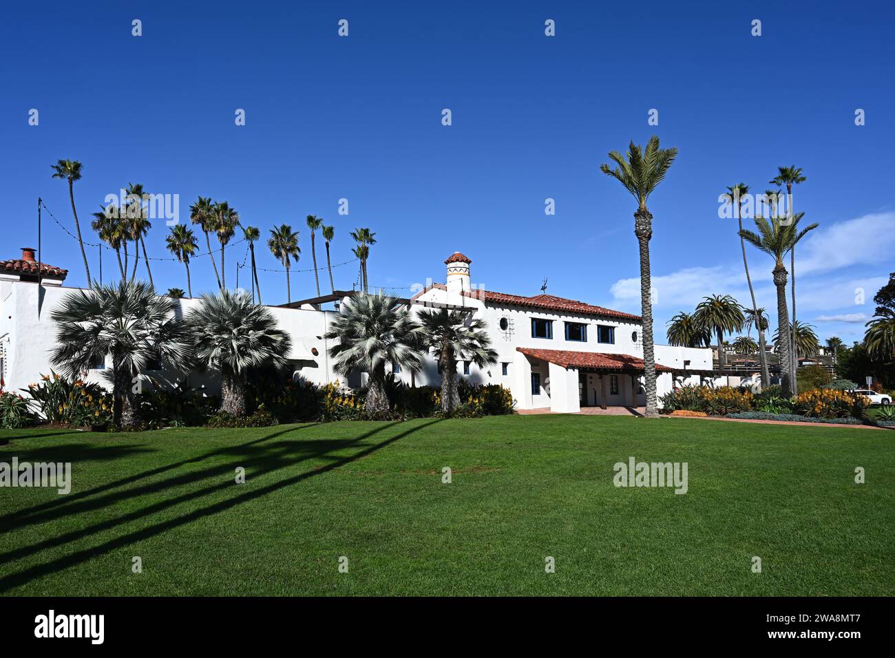 SAN CLEMENTE, CALIFORNIA - 1 JAN 2024: The Ole Hanson Beach Club is a famous coastal landmark that hosts weddings and events with panoramic waterfront Stock Photo