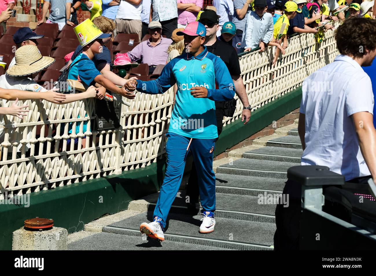 Sydney, Australia, 3 January, 2024. Usman Khawaja of Australia enters the field during Day 1 of the third test match between Australia and Pakistan at the Sydney Cricket Ground on January 03, 2024 in Sydney, Australia. Credit: Pete Dovgan/Speed Media/Alamy Live News Stock Photo