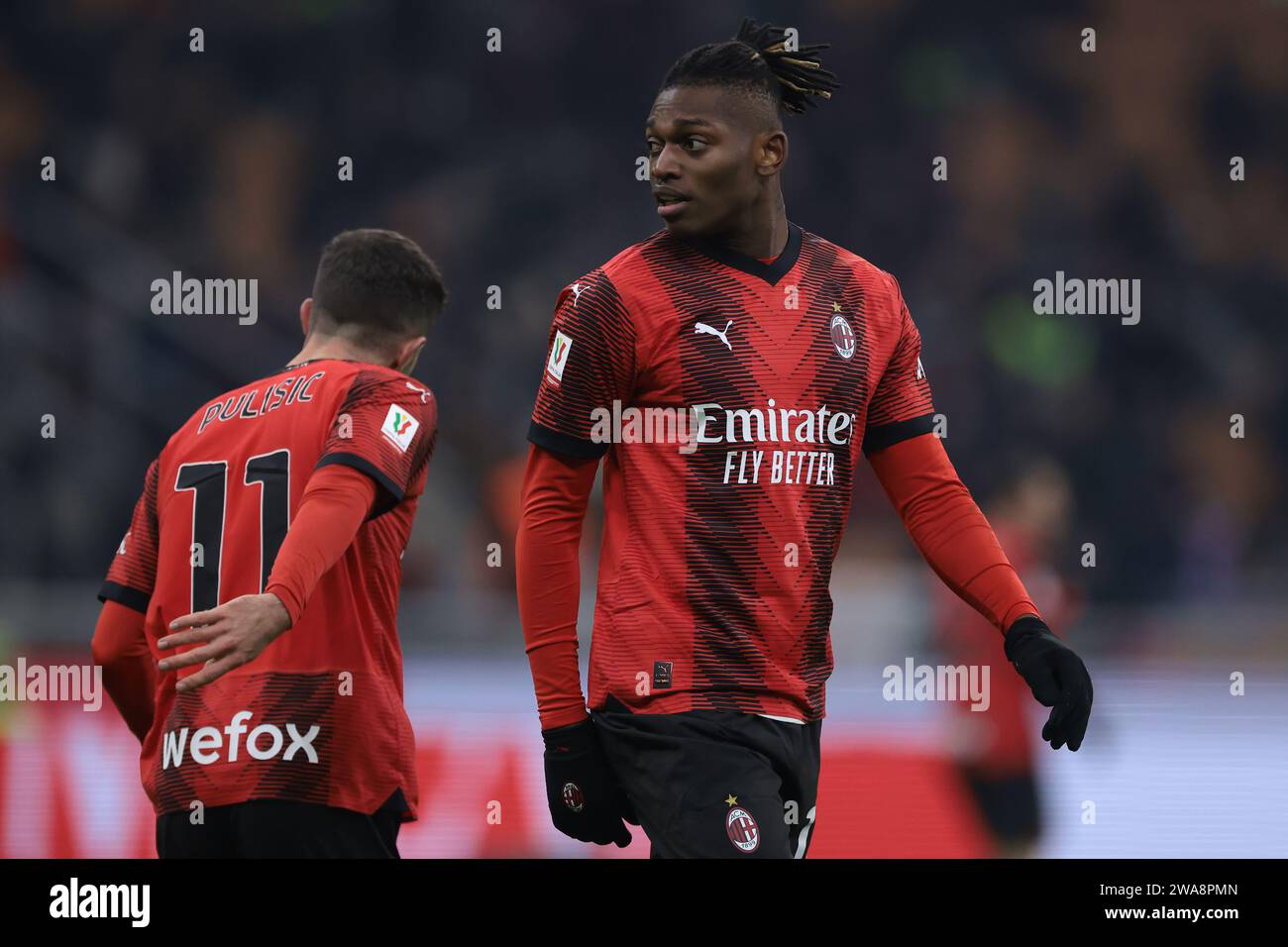 Milan, Italy. 2nd Jan, 2024. Rafael Leao and Christian Pulisic of AC ...