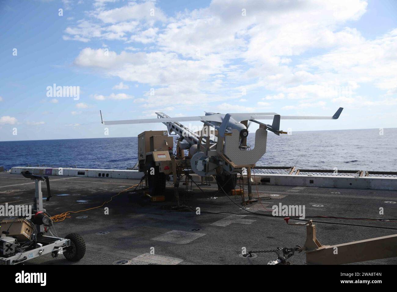 US military forces. 171002CK339-049 MEDITERRANEAN SEA (Oct. 2, 2017) The RQ-21A Blackjack small tactical unmanned aircraft system assigned to the 15th Marine Expeditionary Unit’s (15th MEU) Unmanned Aerial Surveillance unit, prepares for take-off aboard the San Antonio-class amphibious transport dock ship USS San Diego (LPD 22). San Diego is deployed to support maritime security and theater security cooperation in efforts in the U.S. 6th Fleet area of operations. (U.S. Marine Corps photo by Lance Cpl. Jeremy Laboy/Released) Stock Photo